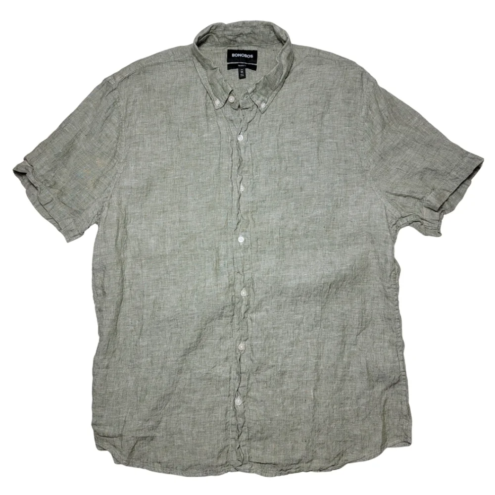Bonobos Olive Green 100% Linen Riviera Tailored Fit Short Sleeve Shirt - Picture 2 of 6